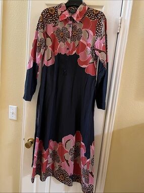 Magari Navy Dress with Pink Floral Border-Medium-Made In Italy 🇮🇹